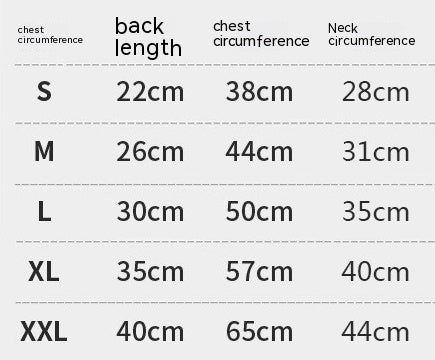 Dog hoodie size chart — back length, chest and neck in cm