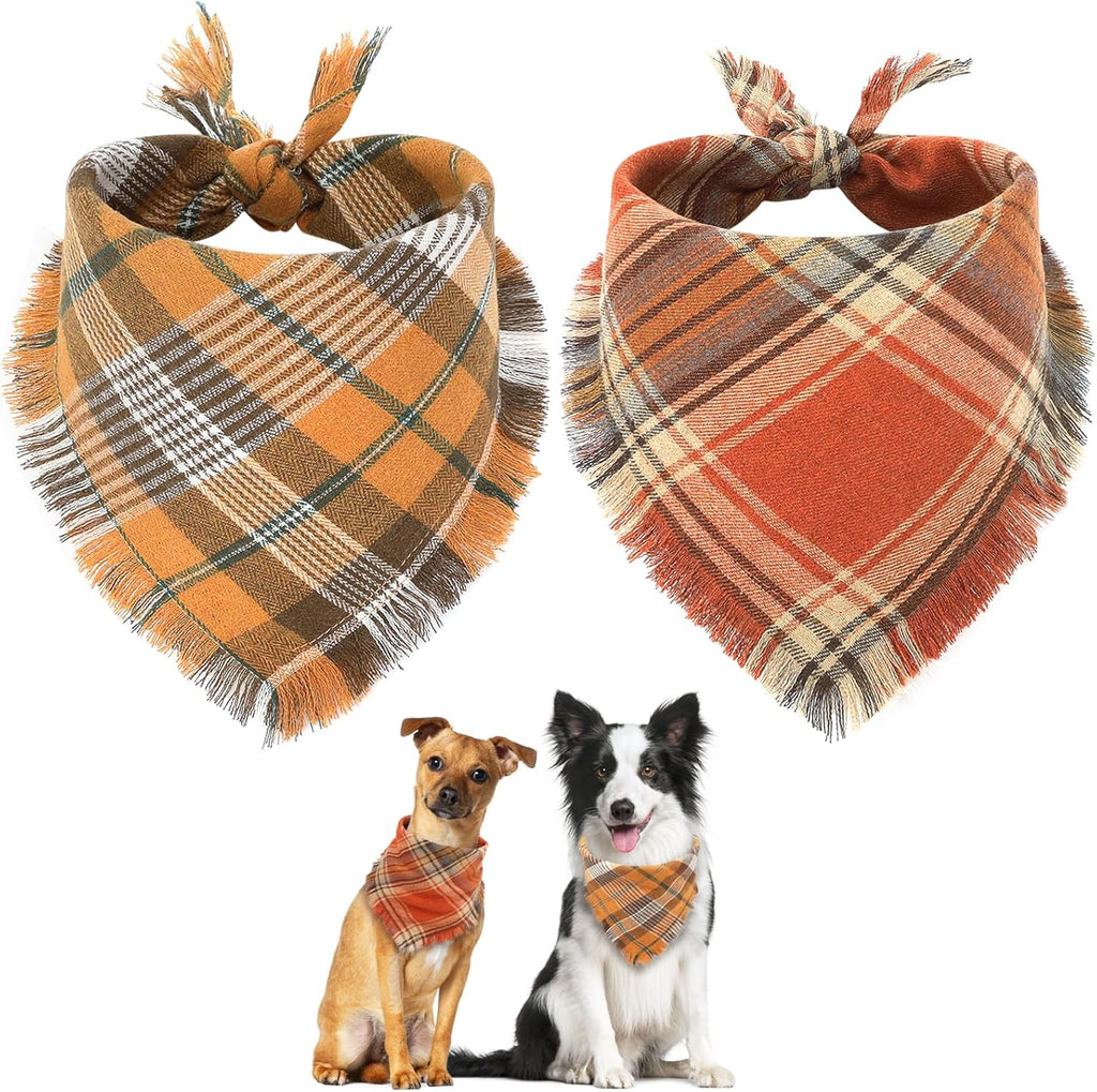 Brown plaid pet bandana with tassels