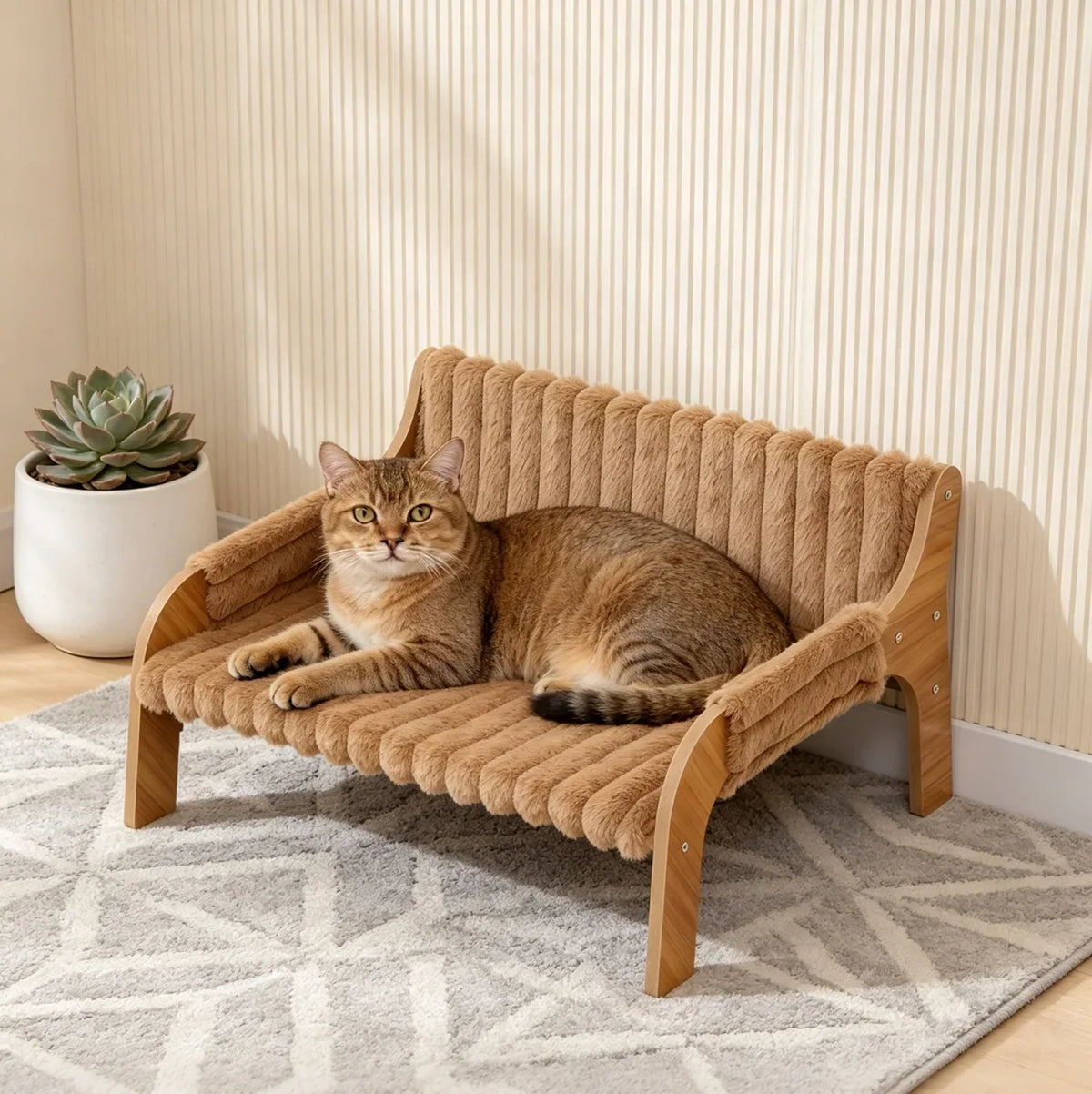 Elevated Pet Sofa Bed with Wood Frame, Soft Striped Plush Cat Couch Bed, Raised Pet Lounge Bed for Indoor Cats Small Pets