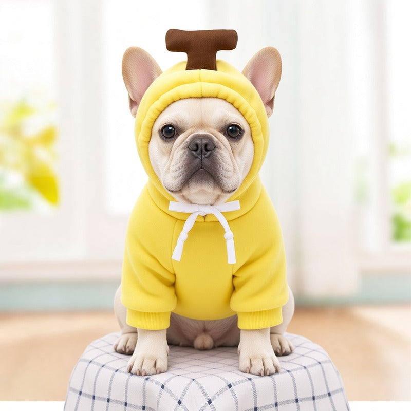 French Bulldog wearing yellow banana cosplay fleece hoodie