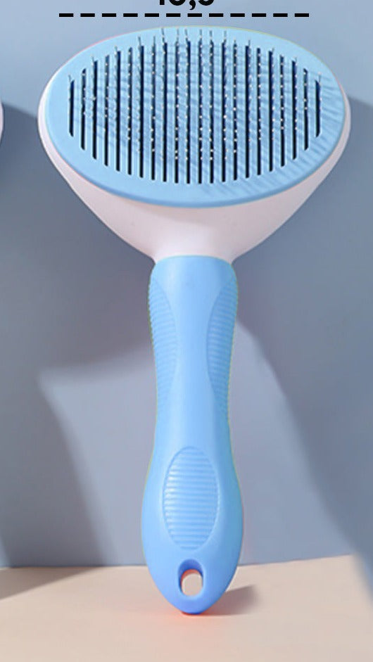 Blue pet grooming brush with stainless steel bristles