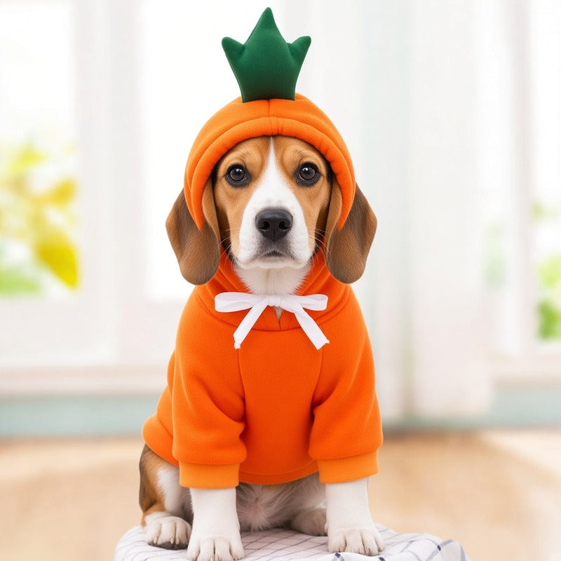 Beagle wearing orange carrot cosplay fleece hoodie