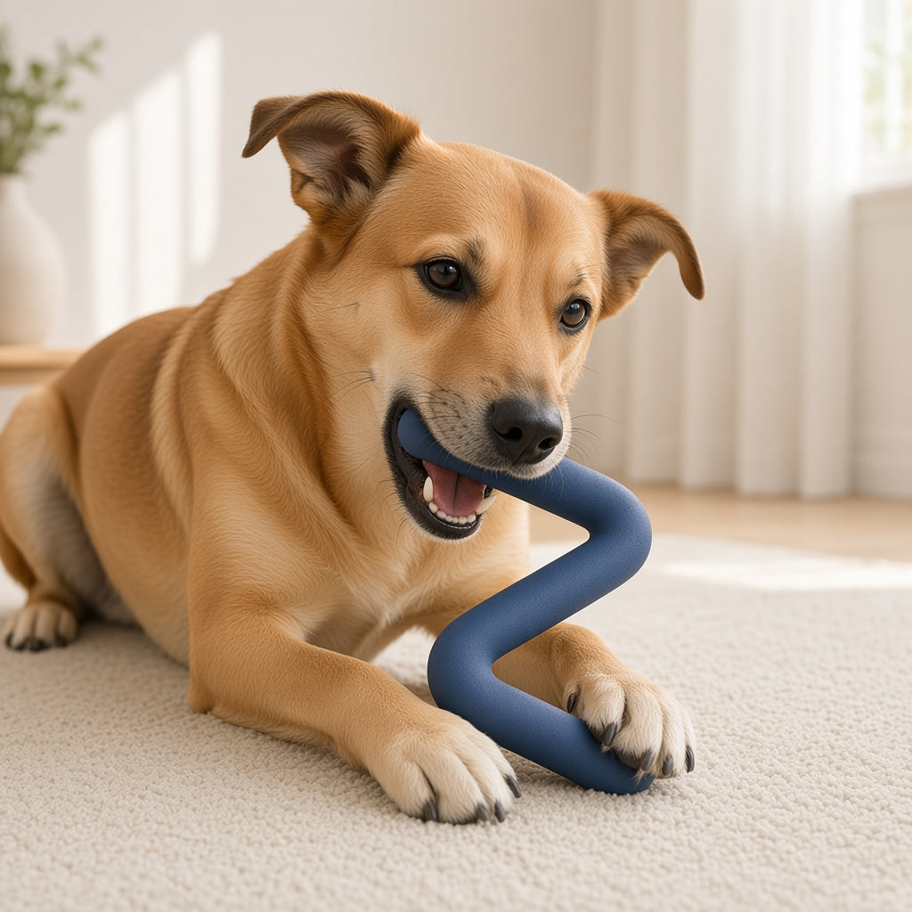 Dog chewing dark blue Lightning Z durable rubber chew toy