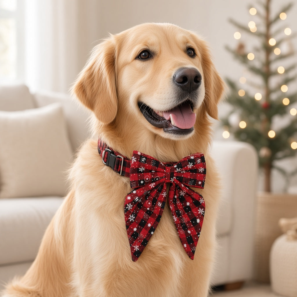Dog wearing Christmas bow-tie collar