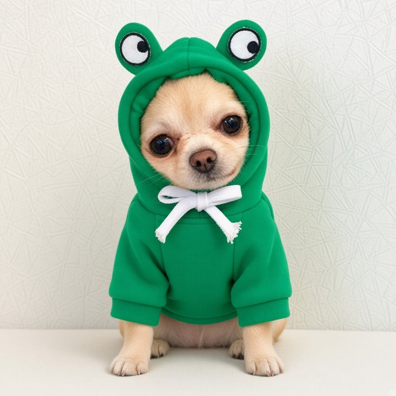 Dog sitting in green frog cosplay fleece hoodie, full body