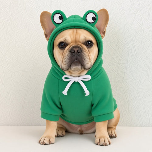 French Bulldog wearing green frog cosplay fleece hoodie