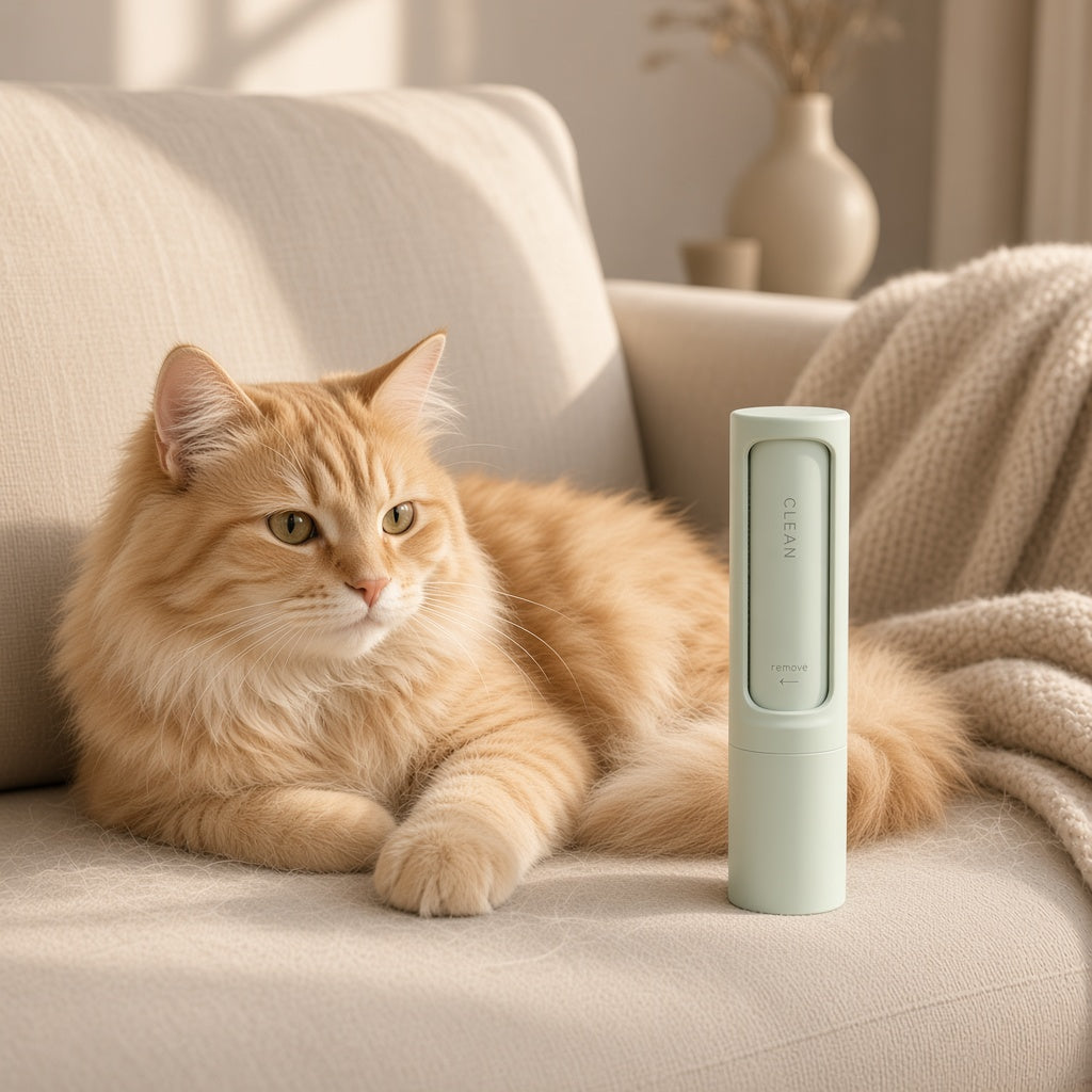 Cat on sofa with reusable fur roller
