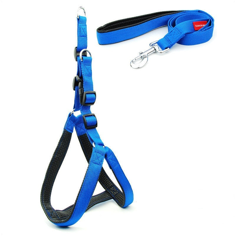 Blue padded reflective dog harness and matching leash