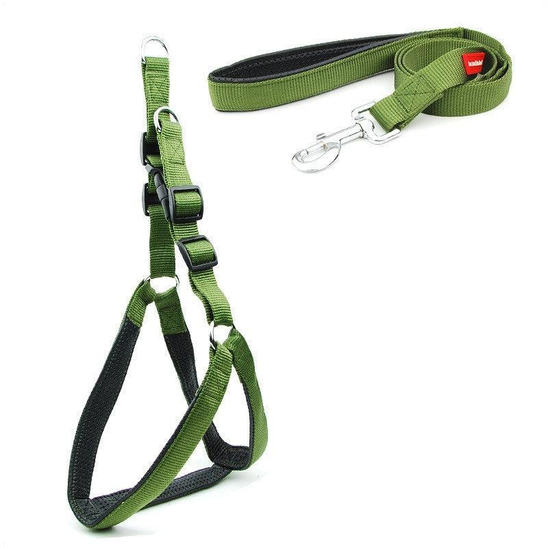 Army green padded reflective dog harness and matching leash