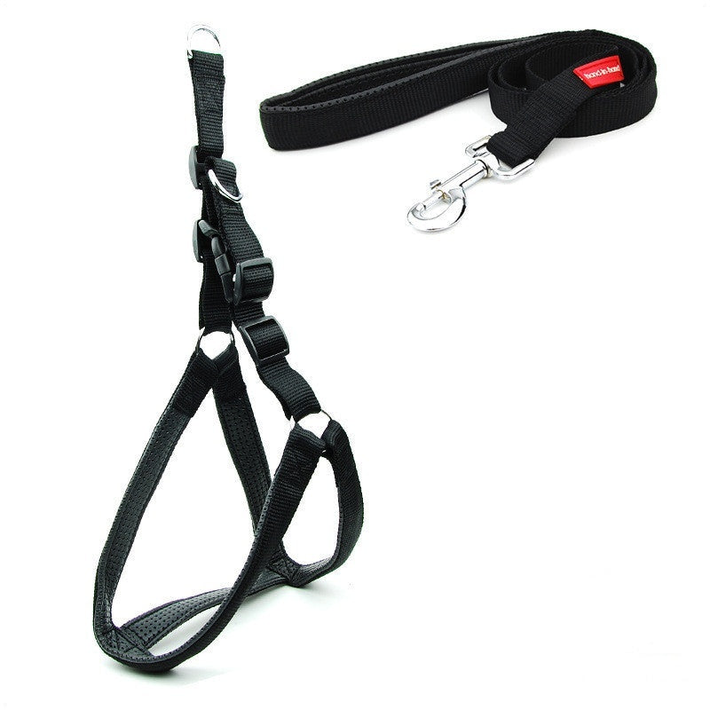 Black padded reflective dog harness and matching leash