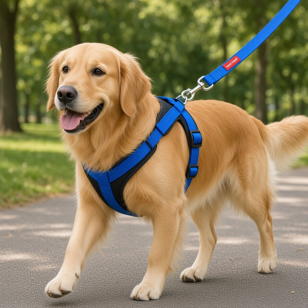 Dog wearing blue padded reflective harness with matching leash — how to use