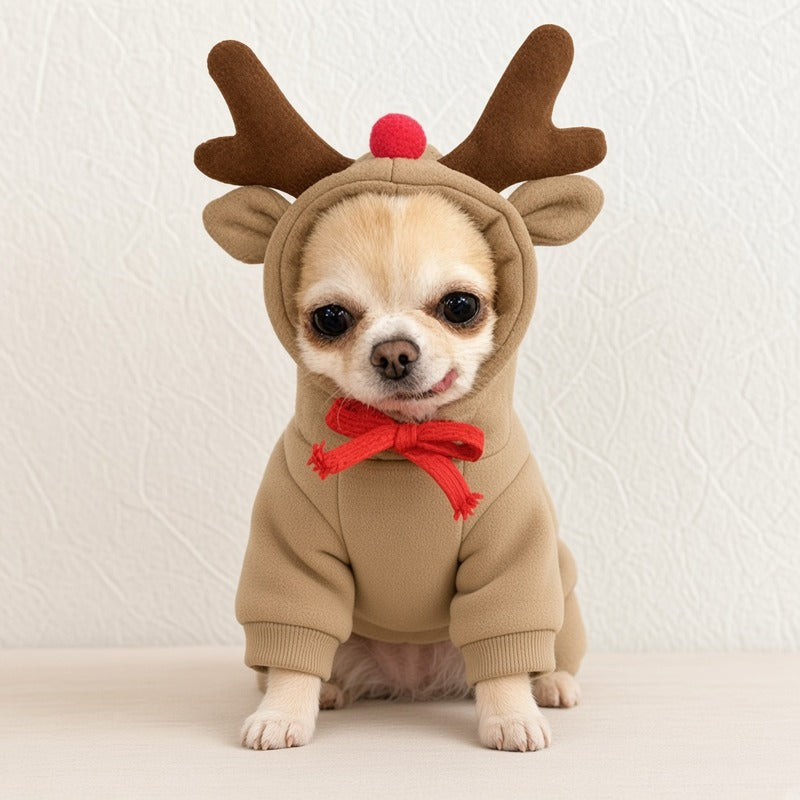Dog sitting in reindeer cosplay fleece hoodie with antlers, full body