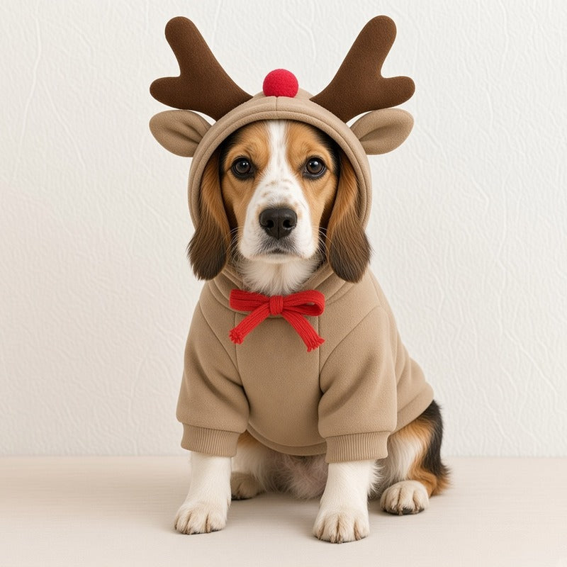 Beagle wearing reindeer cosplay fleece hoodie