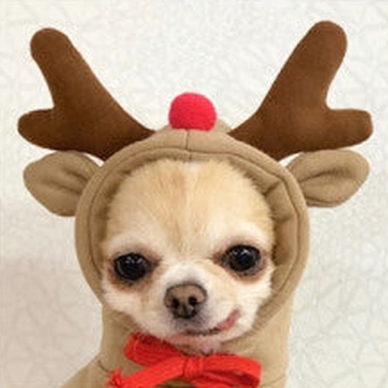 Dog wearing reindeer cosplay fleece hoodie with antlers