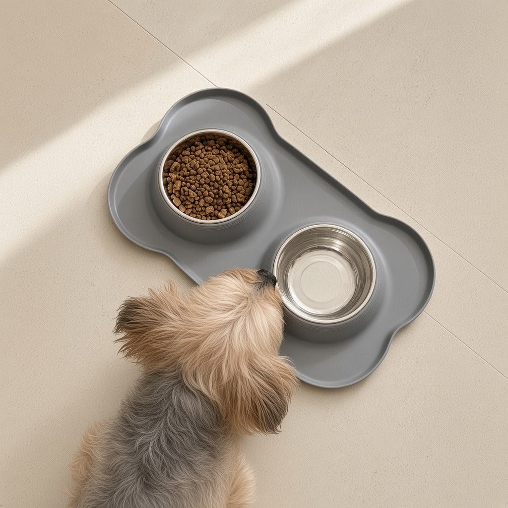 Small dog eating from grey stainless double bowls