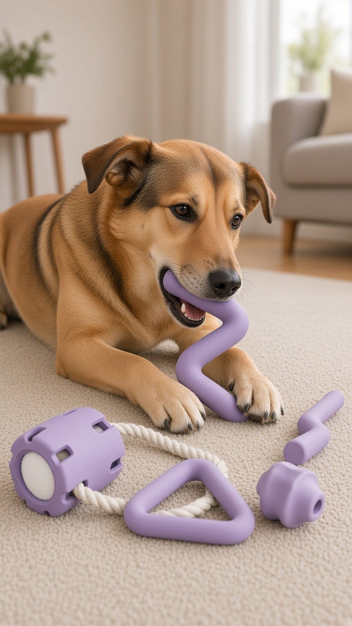 Dog chewing light purple Lightning Z durable rubber chew with matching set pieces