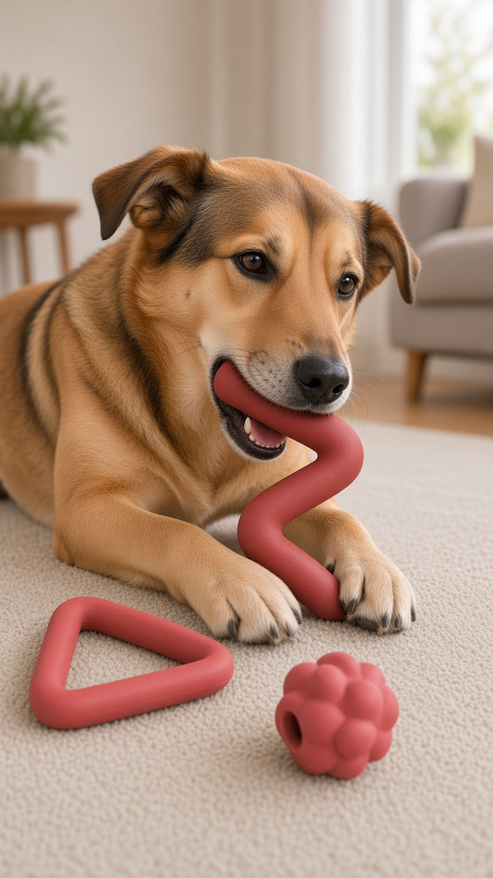 Dog chewing dark red Lightning Z durable rubber chew with matching set pieces