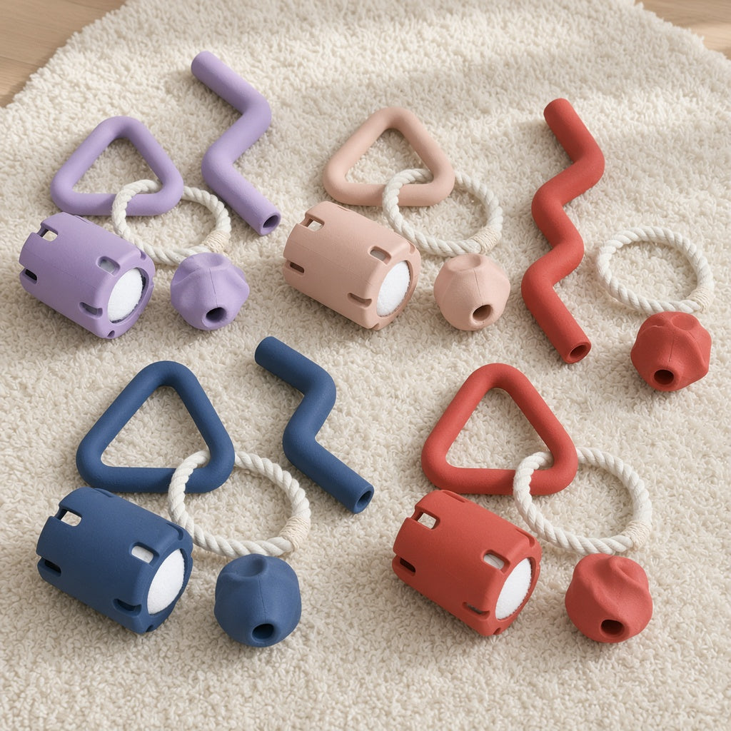 Full Barkori durable chew toy set — all shapes and colours light purple dark blue lotus root dark red