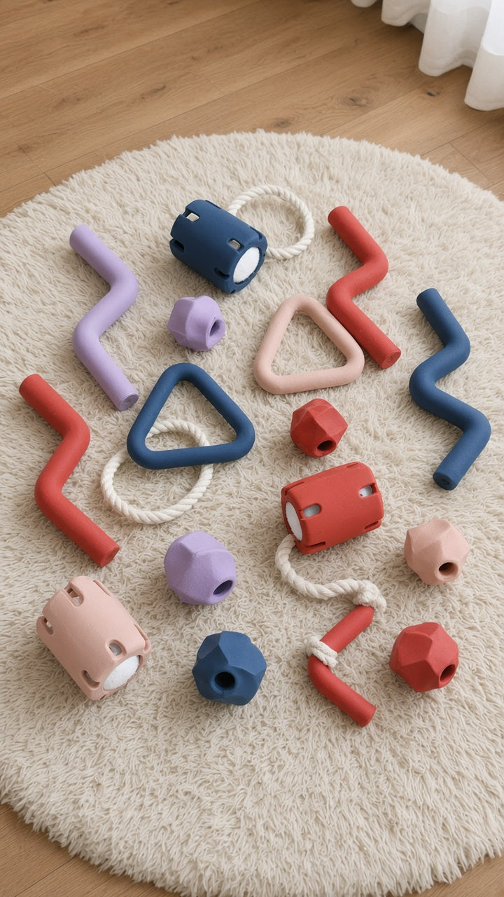 Lifestyle flatlay of full multi-colour durable dog chew toy set